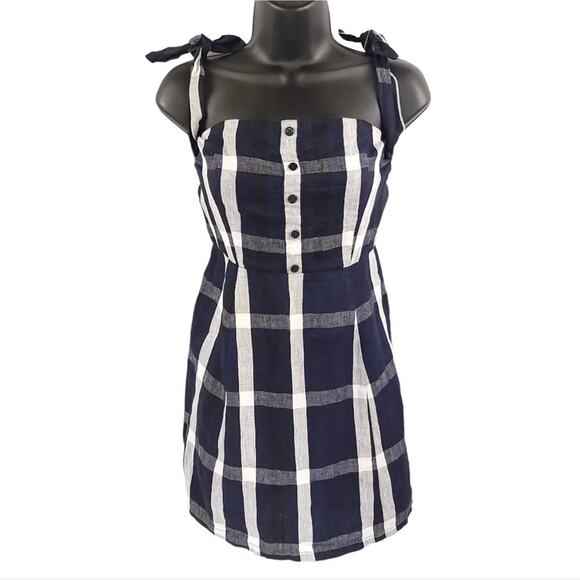 Reformation Linen Mini Dress Plaid Tie Off The Shoulder Arnaut Summer Dress - Picture 4 of 14